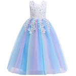 Welieenice Flower Little Girl Lace Dress Baby Blue 4-5 Toddler Wedding Reception Recital Pageant Evening Ball Gown Bridesmaid Girls Elegant Formal Birthday Party Princess Tulle Maxi Dresses Rainbow