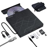 Super External CD DVD Drive, USB 3.0 DVD Burner with Ethernet Adapter, 3 USB and 2 TF/SD Card Ports, CD DVD Player Reader Writer Optical Disk Drive for Laptop PC Mac Windows Linux with Carrying Case