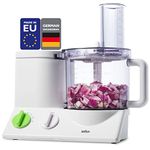 Braun FP3020 12 Cup Food Processor Ultra Quiet Powerful motor, includes 7 Attachment Blades + Chopper and Citrus Juicer, Made in Europe with German Engineering, White