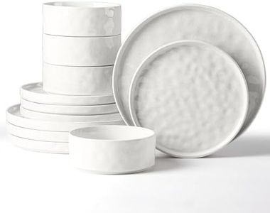 Herogo 12 Piece Dinner Set, Stoneware Dinnerware Sets for 4 People, Reactive Glaze Dining Plates and Bowls, Microwave and Dishwasher Safe, Chip and Scratch Resistant, Elegant Speckled Pearl White