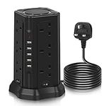 GLCON Tower Extension Leads with USB Slots, 12 Way 13Amp 3250W Surge Protected Power Strip with 4 Switches 3M Extension Cords for Computer TV Switch Tablets Phone (Black)