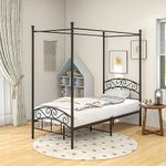 JURMERRY Canopy Bed Frame 3ft Single Size with Ornate European Style Headboard & Footboard Sturdy Steel Perfectly Fits Your Mattress Easy DIY Assembly All Parts Included,Black
