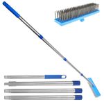 67" Stainless Steel Wire Broom with 4 Detachable Pole Deck Scrub Brush Long Handle Wire Deck Brush Floor Scrub Bristles Brush Tile Deck Cleaning Tool for Cleaning Moss Grout Garden Garage Pool