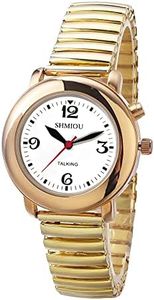 SHMIOU English Talking Watch for Women for Senior Blind Visually Impaired Golden Bracelet Expansion Watchband Analog Voice with Alarm Date Output