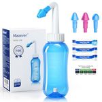 Neti Pot Sinus Rinse Bottle with 100 Nasal Wash Salt Packets Nose Wash Cleaner Pressure Rinse Nasal Irrigation for Adult & Kid BPA Free 300 ML with Sticker Thermometer(Blue)