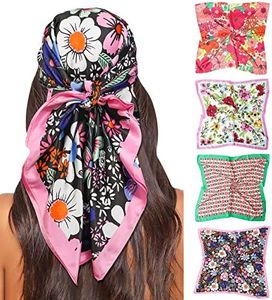 Molans 35” Satin Large Square Hair Scarves, 4pcs Silk Head Scarf Bandanas for Women,Silk Head Wraps for Sleeping(Plant flower)