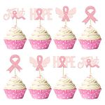 Gyufise 24Pcs Breast Cancer Awareness Cupcake Toppers Glitter Pink Ribbon Fight Beliveve Hope Cupcake Picks Decorations for Pink Ribbon Party Cake Decorations Supplies