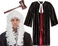 Mega_JumbleSale® High Court Judge Mens Fancy Dress Costume ~ Judge Robe / Gown + Judge Wig + Gavel Hammer | Carnival, Book Day, Role Play Kit for LORD, JUDGE, Aristocrat