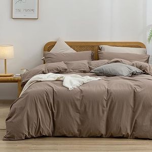 BESTOUCH Duvet Cover Set 100% Washed Cotton Linen Feel Super Soft Comfortable Chic Lightweight 3 PCs Home Bedding Set Solid Pine Bark Brown Super Queen
