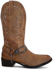 Jazamé Cowboy Boots for Men Tall Calf High Belt & Chain Block Heel Western Boot Classic Round Toe