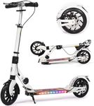 H.yeed Kick Scooter for Teens & Adults, 200mm Big Wheels Foldable Scooter for Kids Ages 8-12, Adult Scooters with LED Light-Up Deck, 4-Height Adjustable, Disc Brakes (White-L)