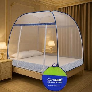 Classic Mosquito Net for Double Bed Supreme King Size Bed,Foldable Machardani with 3 Side Zipper Opening Doors & Mobile Pocket,Strong 30GSM Polyester Net, PVC Coated Steel Wire -Blue