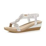 AJVANI mid Wedge Heel Diamante t-bar Elastic Slingback Sandals Size 4 37 Silver