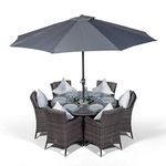 Savannah 6 Seater Grey Rattan Dining Table & Chairs with Ice Bucket Drinks Cooler | Outdoor Poly Rattan Garden Dining Set with Parasol & Cover