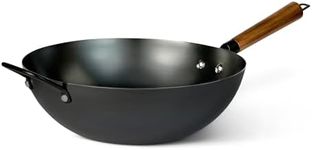 Amazon Basics Carbon Steel Pre-Seasoned Wok with Acacia Wood Handle, All Cooktop Friendly, 32cm