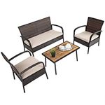 COSTWAY 4 Piece Garden Furniture Set, Sectional Sofa Set with 2 Chairs, 1 Loveseat and 1 Table, Outdoor Indoor Conservatory Table Chairs for Patio Yard Poolside (Rattan+Acacia Wood, with Cushions)