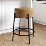 Nathan James Isaac 24" Modern Backless Bar Stool with Round Soft Padded Upholstered Seat and Metal Mid-Century Base, PU Light Brown/Black