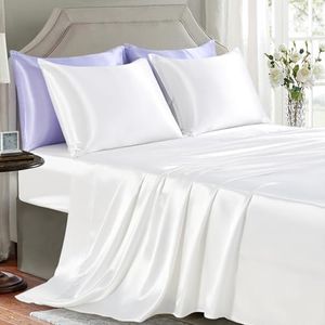 GOLAL Satin Sheets King Size - 4 Pieces Luxury Silky Soft Bed Sheets, Wrinkle-Free White Satin Silk Sheet Set with 1 Deep Pocket Fitted Sheet, 1 Flat Sheet, 2 Pillow Cases