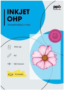 PPD Inkjet - A4 x 10 Hojas de Transparencias “OHP” Premium para Retroproyector - Láminas de Acetato Transparente - Para Impresión de Inyección de Tinta - PPD-34-10