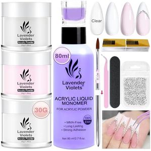 LAVENDER VIOLETS Acrylic Nail Kit - 30g Clear, White, Pink Acrylic Powder and 80ml Acrylic Liquid Set with Brush, Nail Forms, and Tools for Beginners Home Salon N301