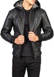 Mens Genuine Black Hooded Bomber Leather Jacket | Real Lambskin Leather Jackets for Men with Hood, Black, X-Large