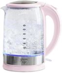 GreenLife 1.7 Liter Glass Electric Kettle, Easy One Touch Use, Quick Heating, Filtered Spout, LED Base, Auto Shut-Off, Cordless Serving, Coffee and Tea, Pink