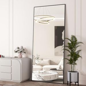 NEUWEABY Full Length Mirror 65"x24" Black Floor Mirror with Stand Large Full Body Mirror Rectangle for Bedroom Aluminum Alloy Thin Frame Standing Hanging or Leaning Against Wall