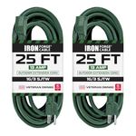 Iron Forge Cable 25 Ft Extension Cord 2 Pack, 16/3 Green 25 Foot Extension Cord Indoor/Outdoor Use, 3 Prong, Weatherproof Jacket Extension Cord, US Veteran Owned, Great for Christmas Lights & Outside