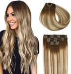 SURNEL Hair Extensions Clip in Human Hair Balayage Color 3 Fading to 8 Ash Brown Highlight 22 Medium Blonde Clip in Straight Human Hair 6pcs 100 Gram 14 inch Double Weft (C#3/8/22, 14'')