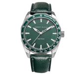 Perry Ellis Solar Powered Mens Watch | Vegan Leather Water-Resistant Analog Wrist Watches for Men | 42mm Case | Aluminum Tachymeter Bezel | Elegant Gift for Man, Green, One Size, Dress