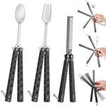 Eaasty 3 Pieces Butterfly Comb, Butterfly Fork and Spoon Set, Tactical Stainless Steel Folding Butterfly Spoon for Camping Hunting Travel Outdoor(Black)