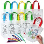 THE TWIDDLERS - 10 Kids Colour-in Bags, Paint Your Own Gift Bag for Kids, Eco Non Woven Reusable and Washable Bags with Colouring Pens, DIY Party Birthday - Assorted Designs, 25cm x 22cm