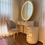 Taxzek Modern Makeup Desk | Dressing Table with LED Light Mirror | 4 Storage Drawers | Art Marble Design top White and Grey | Curved Luxury Golden ss Legs Chair