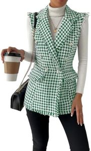 WDIRARA Women's Houndstooth Print Sleeveless Lapel Raw Trim Button Front Long Vest Jacket Green L