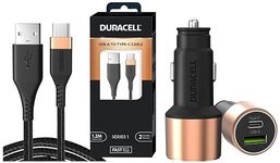 Duracell Car Charger 65 W with Series 1 - A to C Cable - Tablets Smartwatches, Black