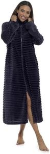 Style It Up Ladies Womens Zipped Fleece Gown Ribbed Zip Through Super Soft Cozy Wear (Navy, 12-14)