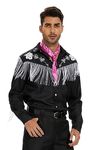 AYYOHON Western Fringe Shirt Cowboys Shirt for Men Halloween Long Sleeve Button Down Adult Black Shirt Cosplay Costume 3XL