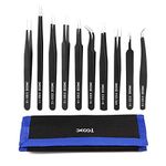 Precision Tweezers Set, XOOL 10 PCS ESD Tweezers Set, Anti-Static Stainless Steel Tweezers Kit, Multi-Standard Stainless Steel Tweezers for Lab, Electronics, Jewelry and Detailed Work