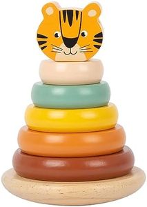 Small Foot Small Foot-11706 Torre de apilamiento Tigre Safari, Madera, Juego de ensartar, a Partir de 12 Meses. Animales Toys, Multicolor, Height 14 cm Ø Approx. 9 cm (11706)