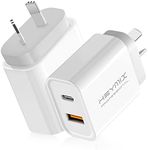 HEYMIX 20W USB C Fast Charger, 2-Port PD USB-C Wall Plug (2-Pack) with Fast Charging QC3.0,USB-C Power Adapter C Charger AU-Plug SAA Certified,Compatible with iPhone 14/13/12,Pixel 7/6,Switch,S22/21