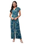 Miss Chase Women's V-Neck Short Sleeve Floral Wrap Regular Length Pocketed Jumpsuit (MCSS24D19-36-176-02, Multicolored-Base-Turquoise, XS)