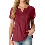 GRECERELLE Womens Summer Tops Pleated Button V-Neck Short Sleeve T-Shirt Elegant Solid Color Casual Blouses for Women UK (Wine Red,XL)