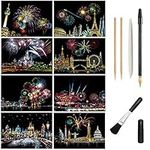 Magic Scratch Art Paper, Mini Envelope Postcard, Rainbow Night View Scratchboard for Adults and Kids, Art & Crafts Set: 8 Sheets Scratch Cards & 6 Tools Drawing Pen, Clean Brush (Gorgeous Fireworks)