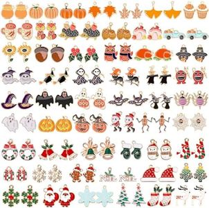 SANNIX 110Pcs/55 Pairs Holiday Charms, Fall Halloween Thanksgiving Christmas Charms for Jewelry Making Assorted Gold Enamel Charm for Bracelet Necklaces Earrings Craft Supplies