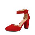 DREAM PAIRS Womens High Heels Closed Toe Court Shoes Block Ankle Strap Ladies Sandals for Wedding,Size 7,Red/Suede,Angela