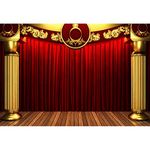 Aoihrraan 3,5x2,5m Theater Stage Backdrop Red Curtains Stage Rustic Wood Floor Gold Pillar Photography Background Talent Performance Show Award Ceremony Festival Celebration Banner Photo Studio Props