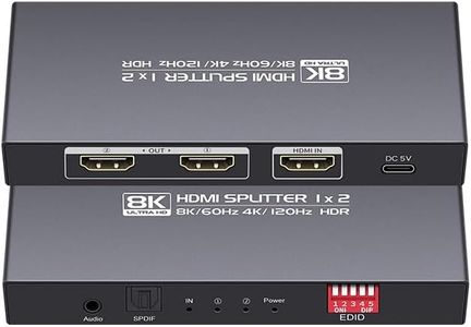 8K HDMI Splitter 1 in 2 Out 4K120hz，HDMI 2.1 Splitter 1x2 8K60Hz，Downscaler EDID Mode，with Spdif, 3.5mm Audio Out，Compatible with Xbox Series X, PS4 Pro, PS5, Blu-ray Player