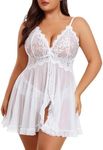 Avidlove Lingerie Plus Size Naughty Sexy Lingerie for Women Babydoll Open Front Ruffle Chemise Outfit V-neck Lace Nightdress(White,3X-Large)