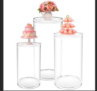 AIMOMENT Cylinder Pedestal Stands 3pcs, Clear Round Cylinder Stands for Party Decor, Wedding, Birthdays, Baby Showers, Art Event Pillar for Cake, Dessert & Flower Table Display