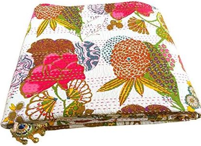 Sophia-Art Patrón de Colcha Reversible de Fruta India Gudri Edredón de Estilo Kantha de algodón Puro Edredón de Fruta Floral Edredón de Puntada de Kantha Decorativo (White 1, King 90 * 108 Inches)